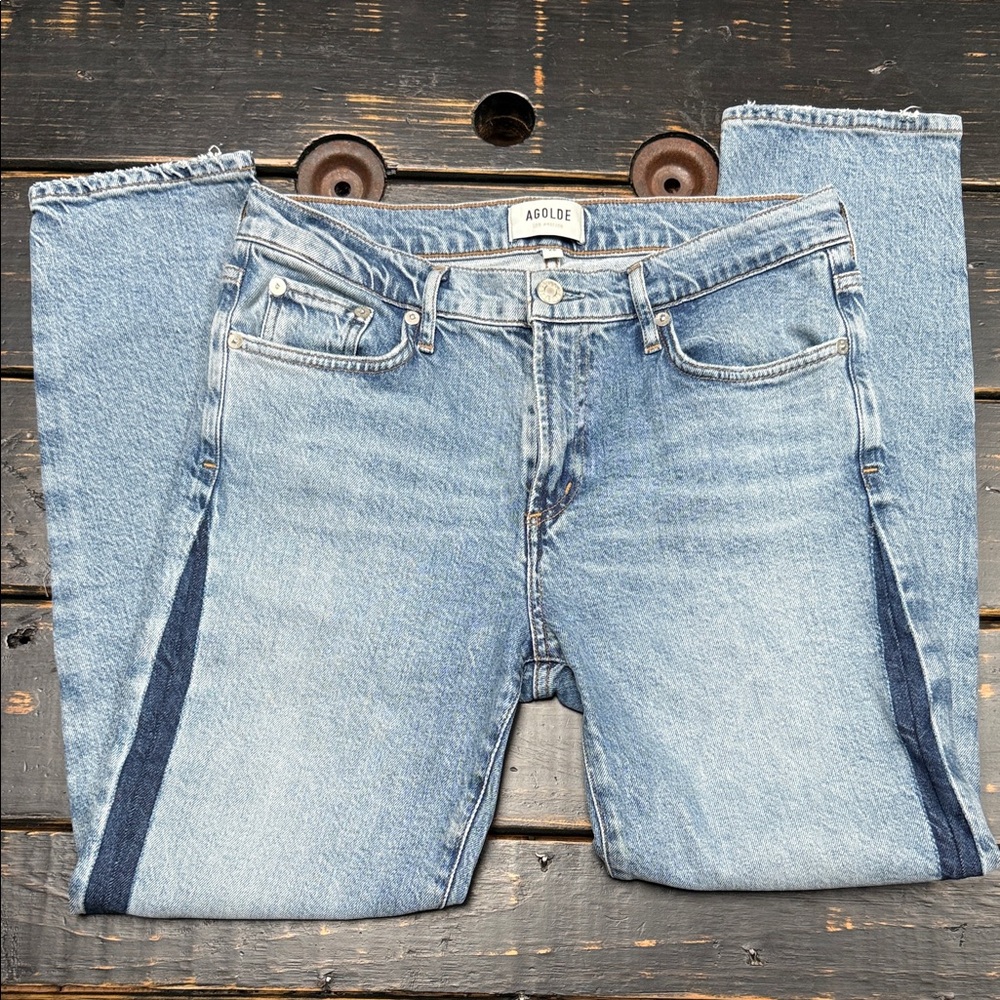 Agolde Toni 9a Straight Leg Jeans with side stripe detailing.